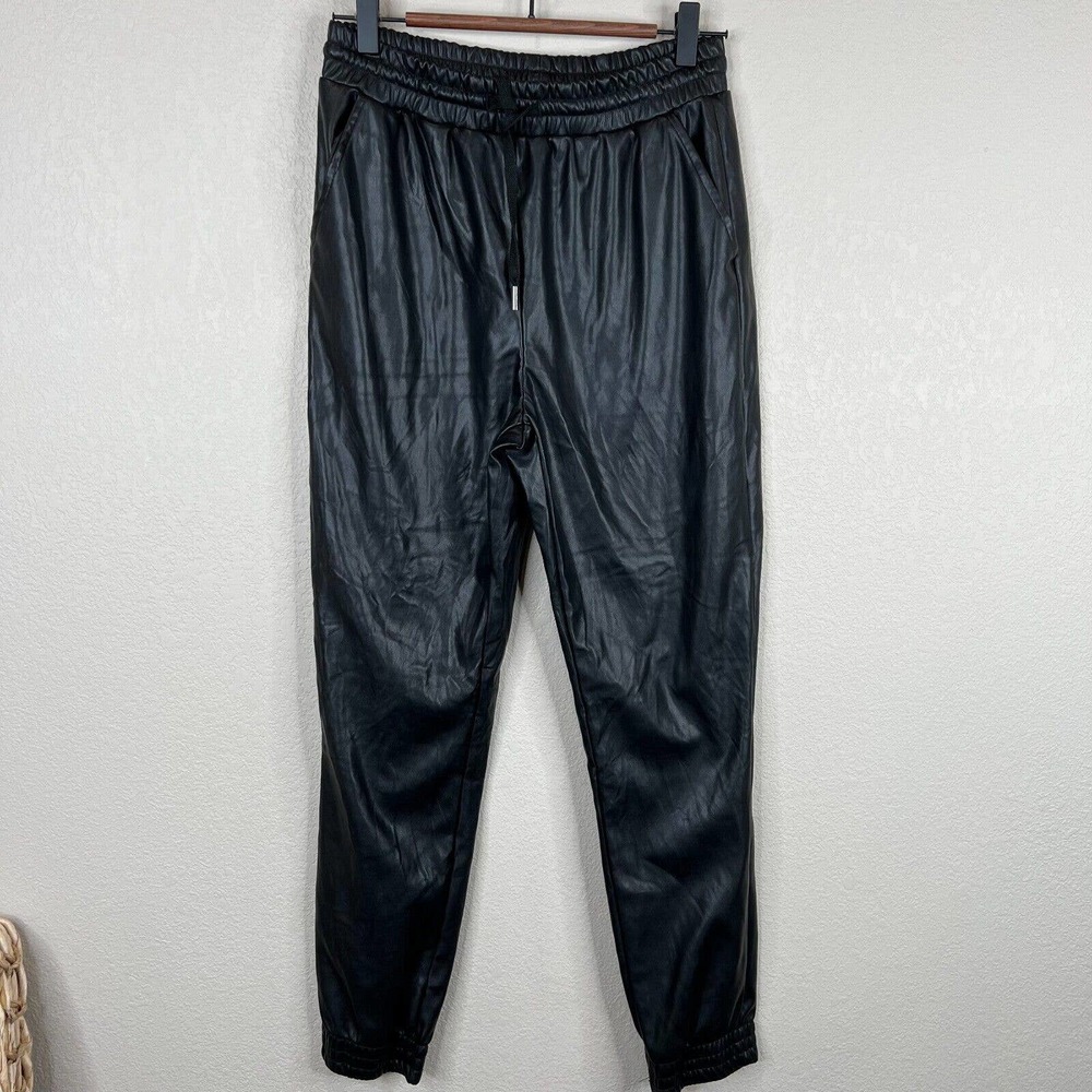 Badgley Mischka Jogger Pants Women's Small Black Faux Leather Drawstring Pockets
